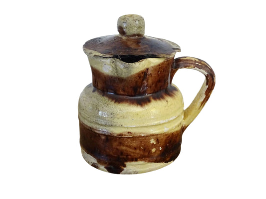 Small French antique ceramic pitcher with lid. Glazed pottery jug with yellow glaze and brown drip glaze. Savoie pottery jug.