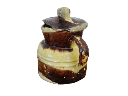 Small French antique ceramic pitcher with lid. Glazed pottery jug with yellow glaze and brown drip glaze. Savoie pottery jug.