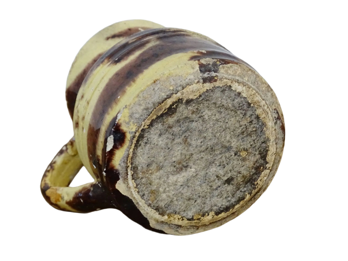 Small French antique ceramic pitcher with lid. Glazed pottery jug with yellow glaze and brown drip glaze. Savoie pottery jug.