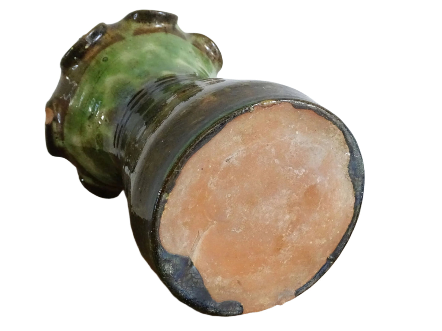 French vintage glazed terracotta vase from Castelnaudary. The ceramic vase has a textured green and brown glaze. It has a crimped rim and crackled glaze on the lower portion. Pottery vase for farmhouse decor.