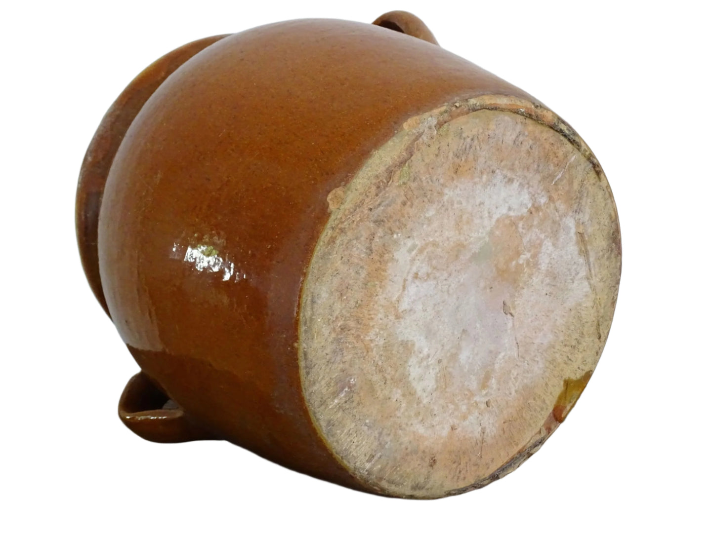 French antique confit pot with an orange glaze and yellow glaze exterior. Glazed terracotta pot with two handles. Antique ceramic jar for rustic farmhouse decor.