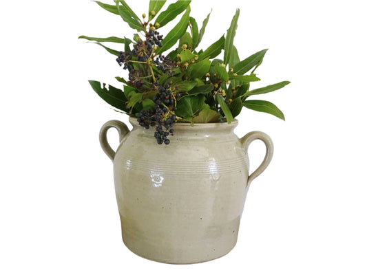 Large French antique stoneware confit pot with a grey beige glaze and two handles. This glazed pottery cache for a rustic French farmhouse style home. A utensils pot or preserving jar.