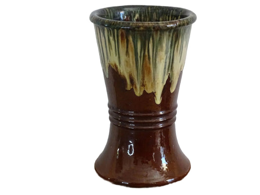 French antique glazed terracotta vase. Brown glazed pottery vase with drip glaze in cream and green.