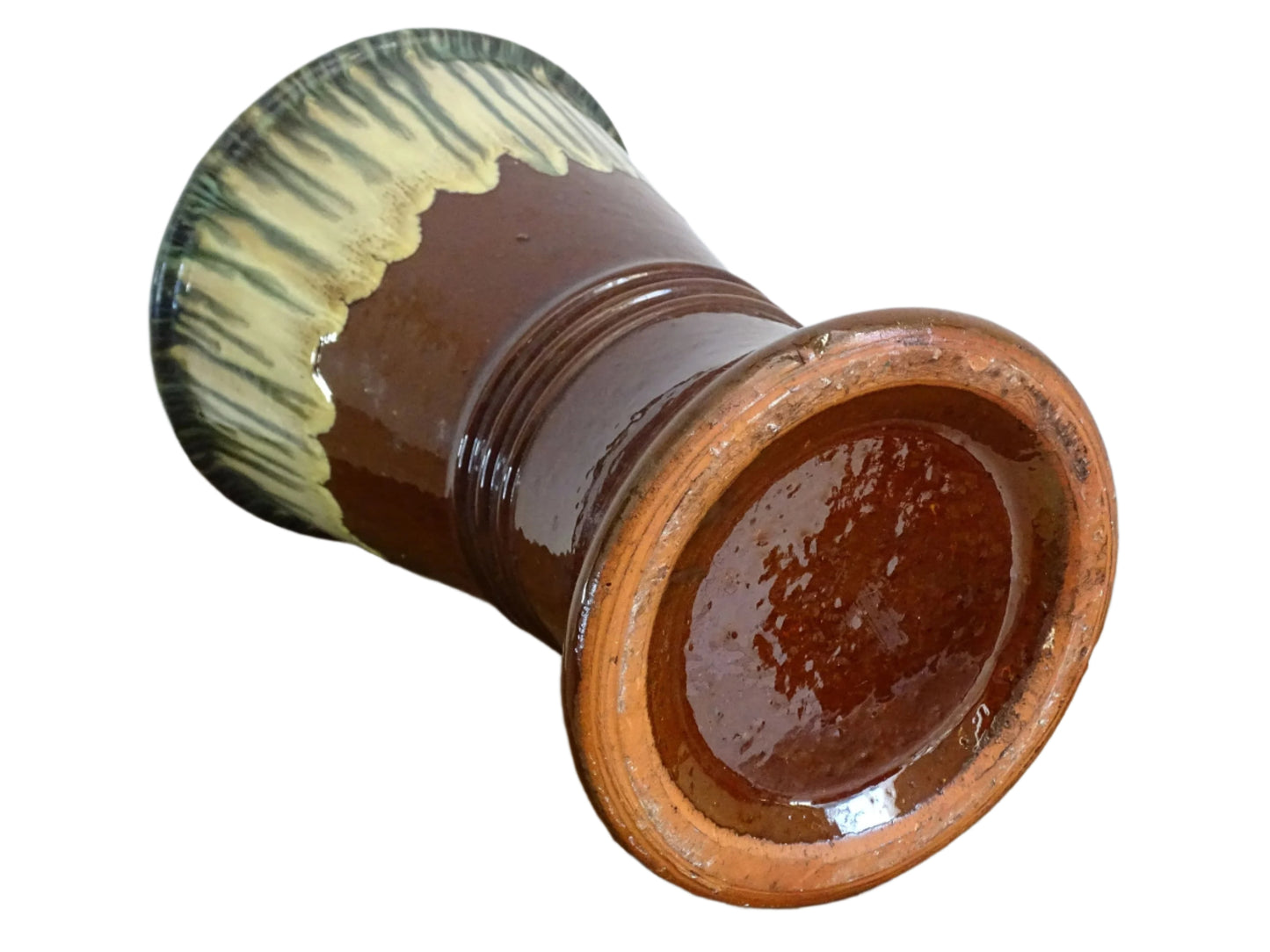 French antique glazed terracotta vase. Brown glazed pottery vase with drip glaze in cream and green.