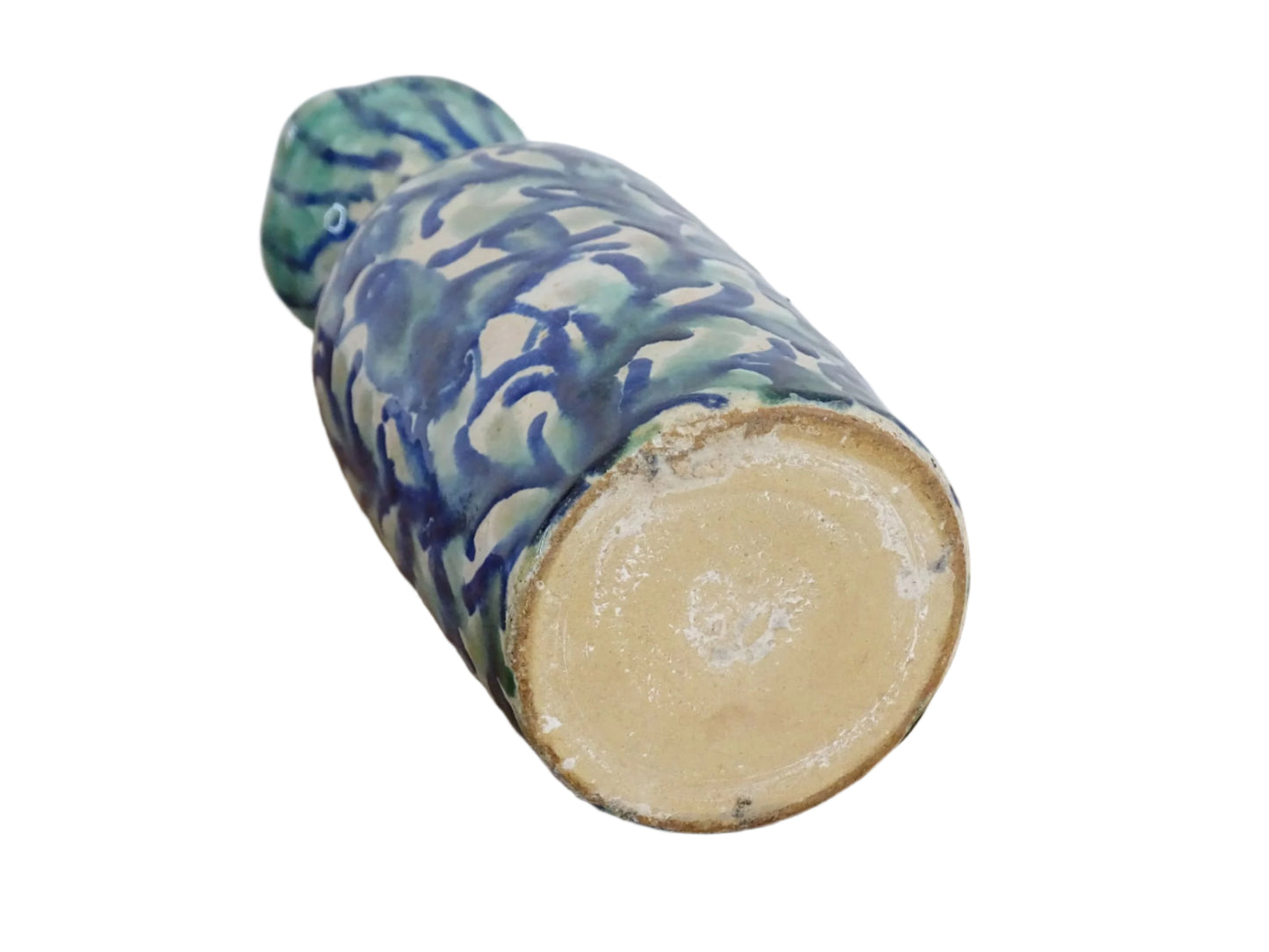 Spanish antique Fajalauza pottery jug, hand-painted in blue and green with a pink background. Decorated with stripes to the top and handle and flowers, leaves and a bird. Tin glazed terracotta pitcher.