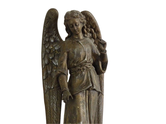 French antique statue of a guardian angel. Spelter ornament, religious decoration.