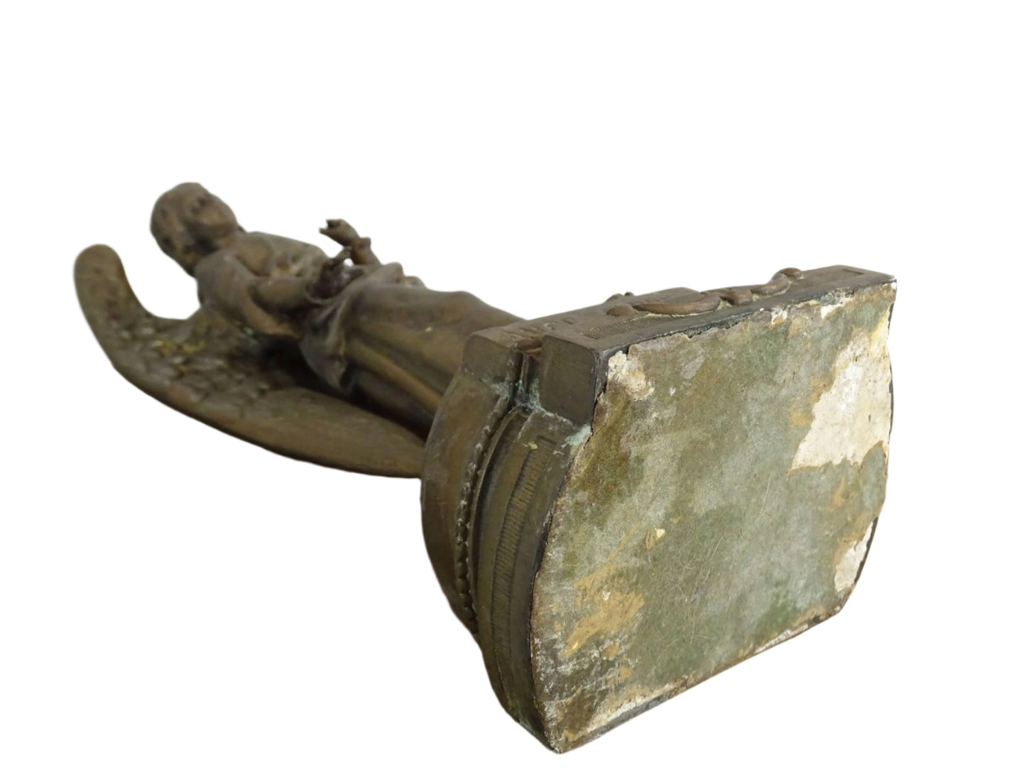 French antique statue of a guardian angel. Spelter ornament, religious decoration.