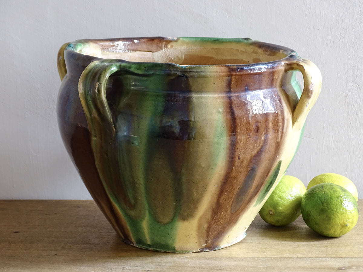 French antique ceramic cache pot, glazed terracotta planter from Castelnaudary