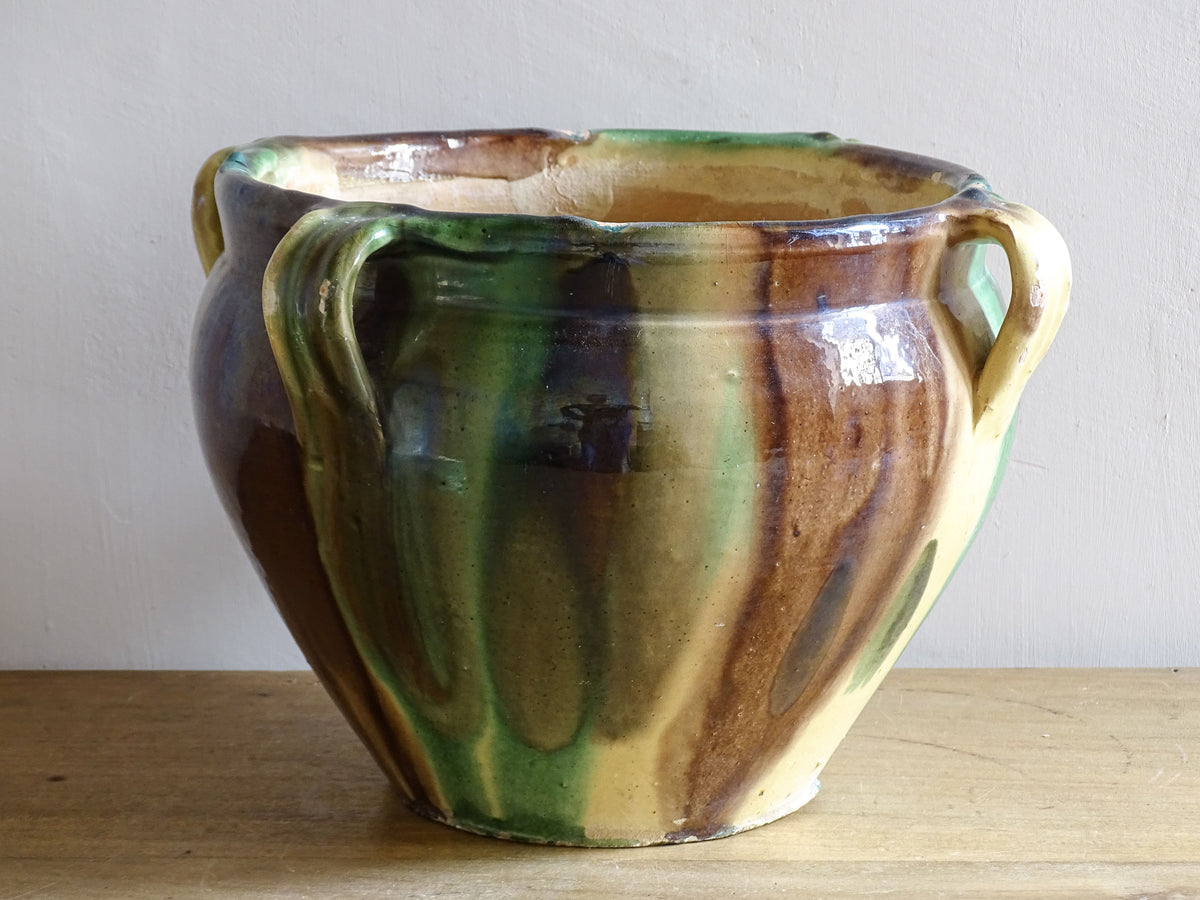 French antique ceramic cache pot, glazed terracotta planter from Castelnaudary