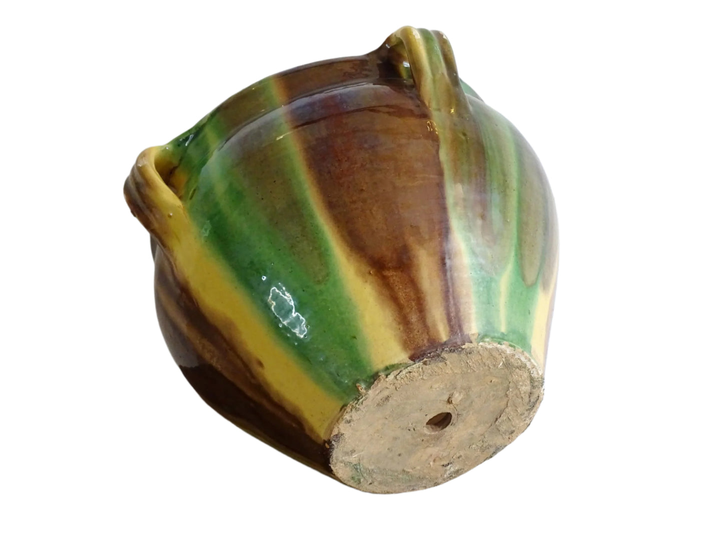 French antique ceramic planter from Castelnaudary. Pottery pot with a stripe drip glaze in yellow, green and brown. This antique cache pot in terracotta.