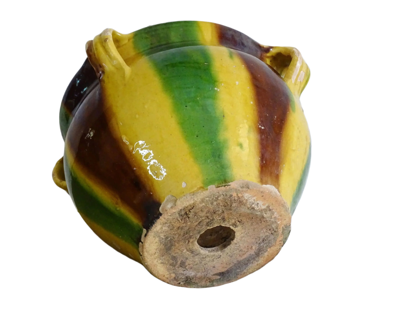 French antique ceramic planter from Castelnaudary. The pottery pot has a stripe drip glaze in yellow, green and brown. Antique cache pot in glazed terracotta.