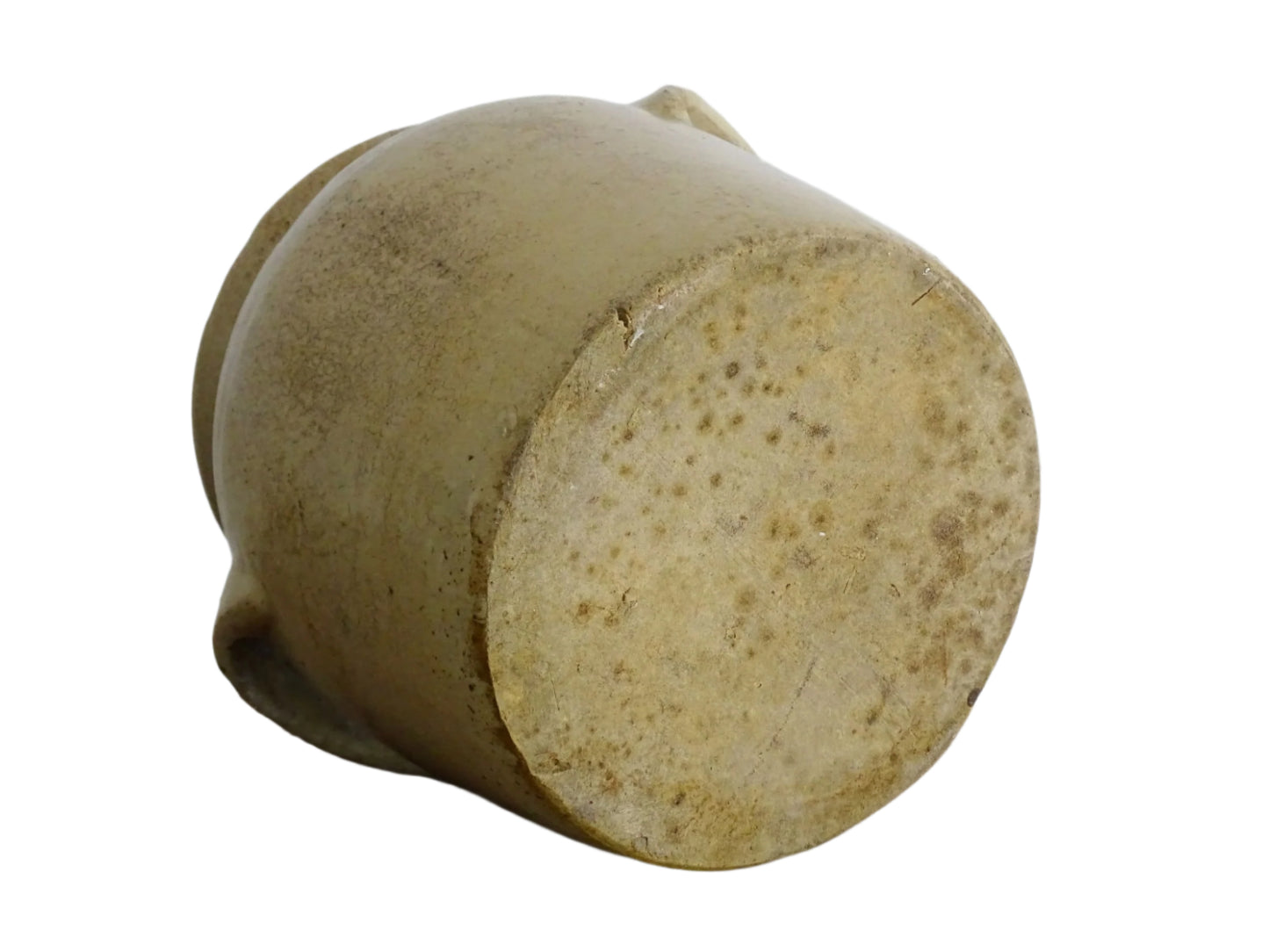 Rustic French antique stoneware confit jar. Glazed pottery cache pot is in a grey beige glaze for a French farmhouse style home.