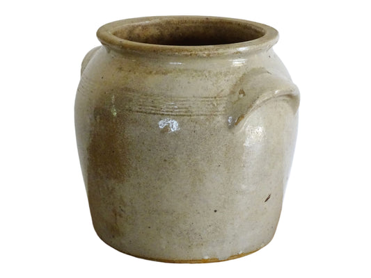 Large French antique stoneware confit pot with a grey beige glaze. Glazed pottery cache pot for a rustic French farmhouse style home. Utensils holder.