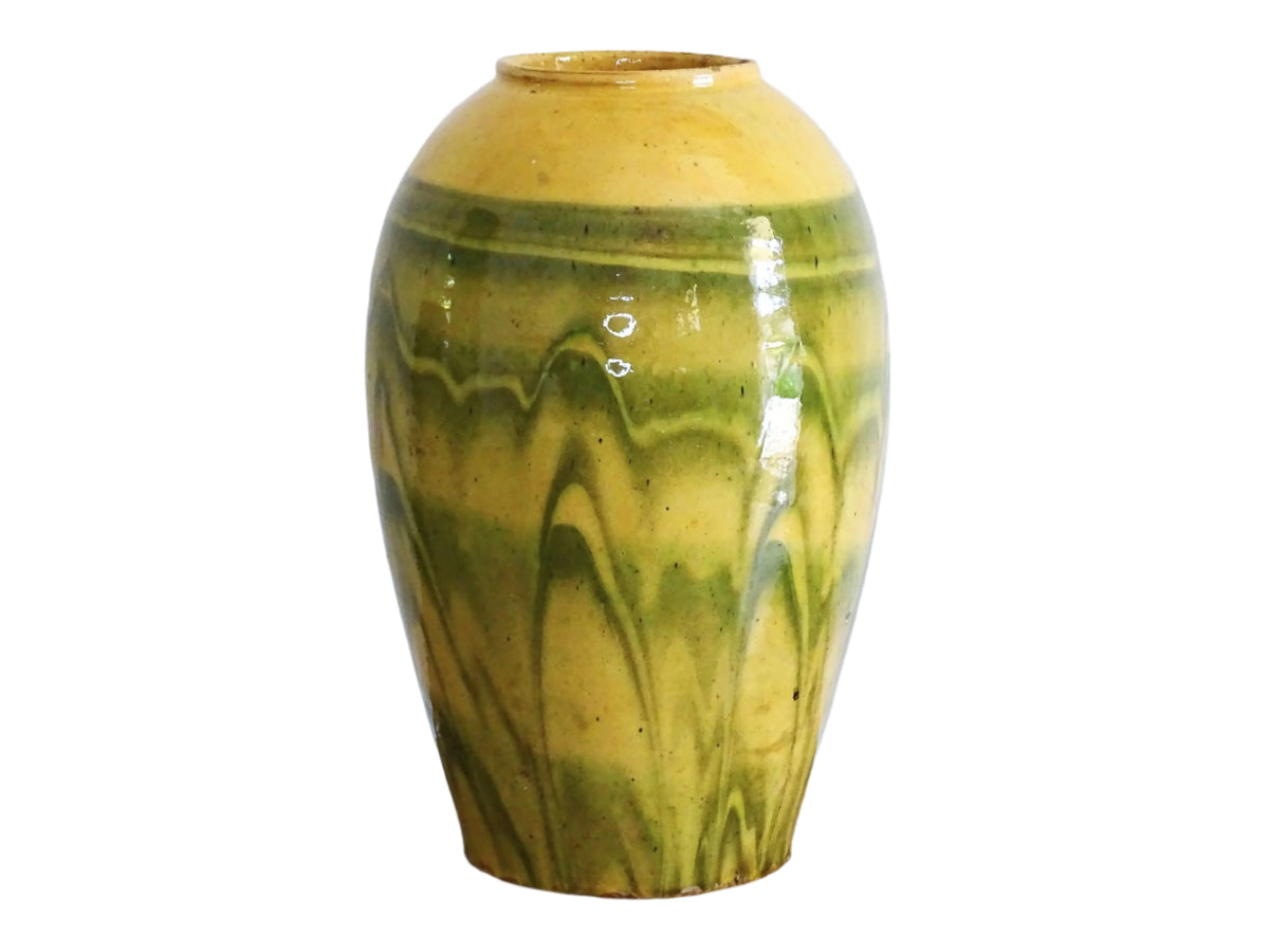 French antique terracotta vase with a green and yellow glaze. Slipware or jaspe pottery vase. Savoie pottery.