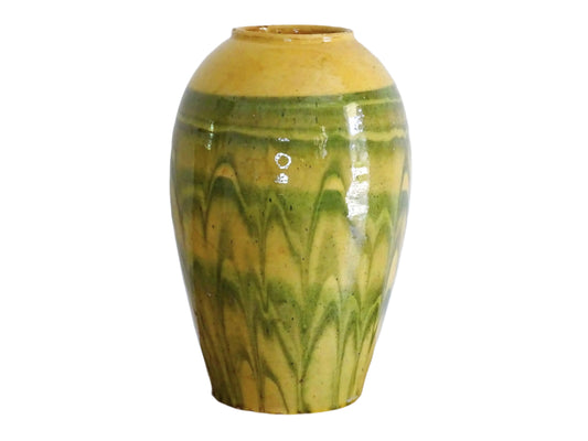 French antique terracotta vase with a green and yellow glaze. Slipware or jaspe pottery vase. Savoie pottery.