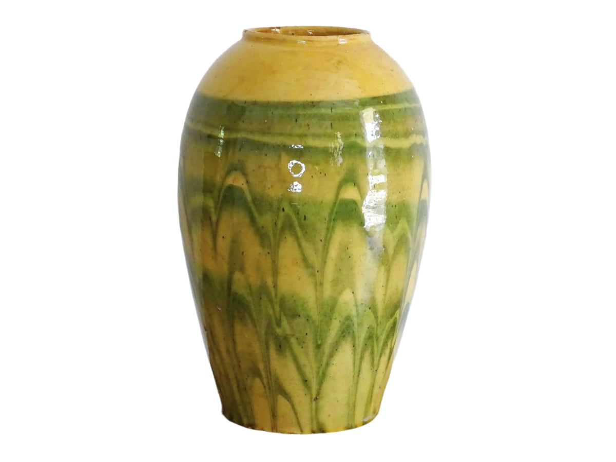 French antique terracotta vase with a green and yellow glaze. Slipware or jaspe pottery vase. Savoie pottery.