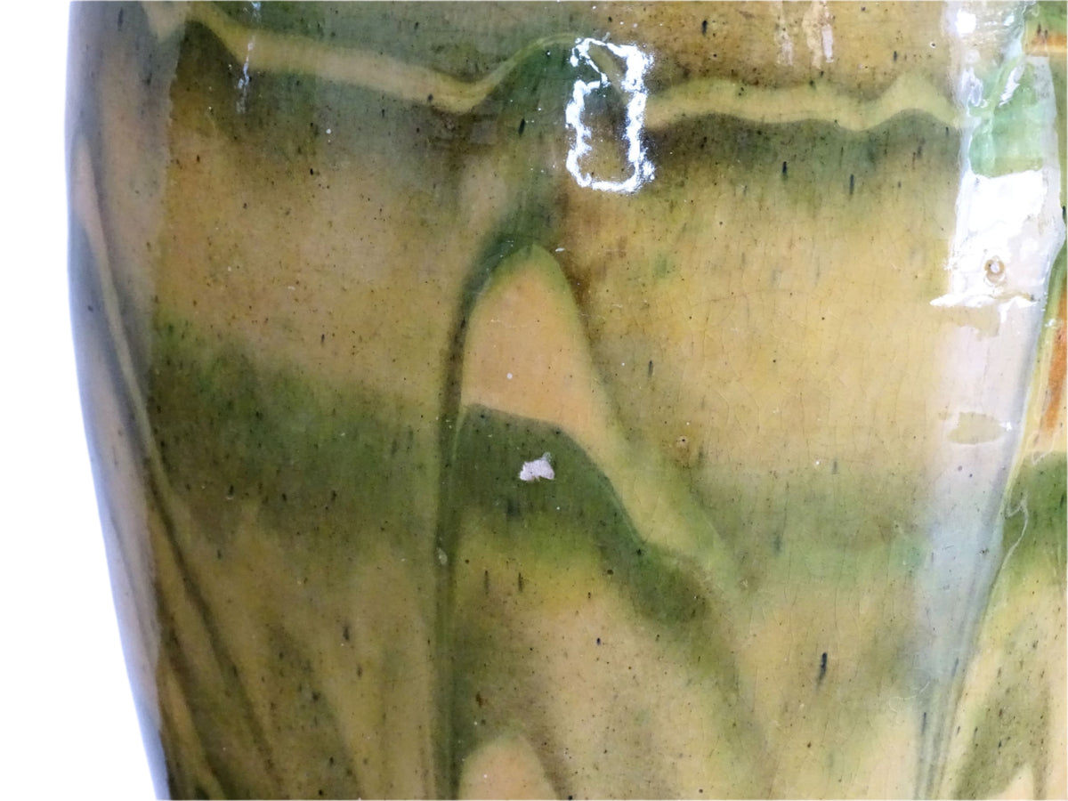 French antique terracotta vase with a green and yellow glaze. Slipware or jaspe pottery vase. Savoie pottery.
