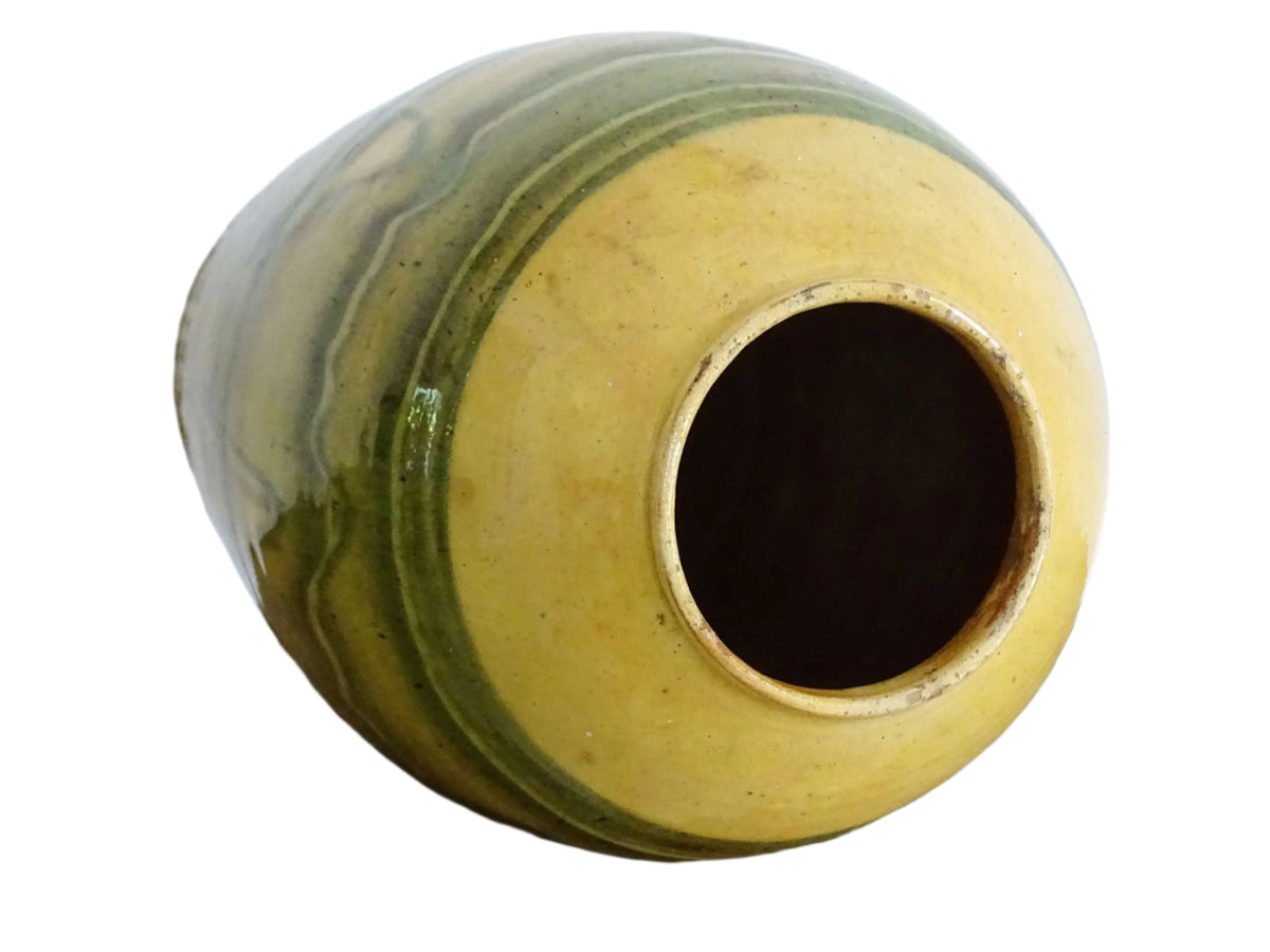 French antique terracotta vase with a green and yellow glaze. Slipware or jaspe pottery vase. Savoie pottery.