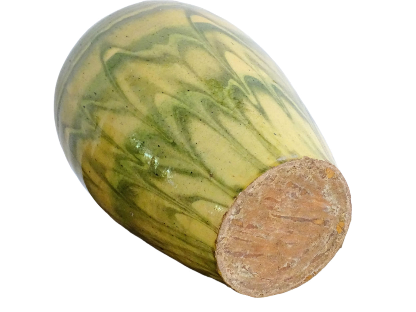 French antique terracotta vase with a green and yellow glaze. Slipware or jaspe pottery vase. Savoie pottery.