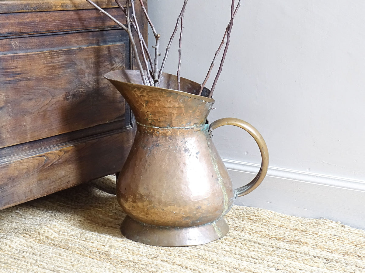 Large French Antique Copper Pitcher with hammered body