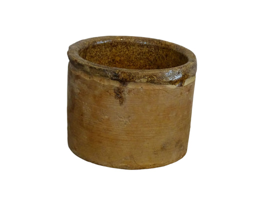 Small French antique pottery pot with a brown glazed interior. Rustic ceramic pot