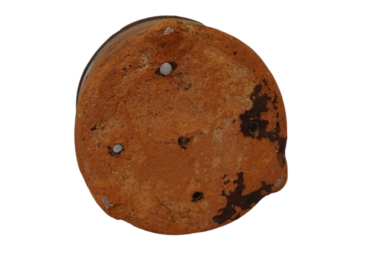 Rustic French antique terracotta sieve or faisselle. Earthenware cheese strainer with three feet.