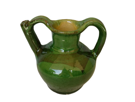 French vintage green orjol, a glazed terracotta ewer with two handles and spout with yellow glaze interior.
