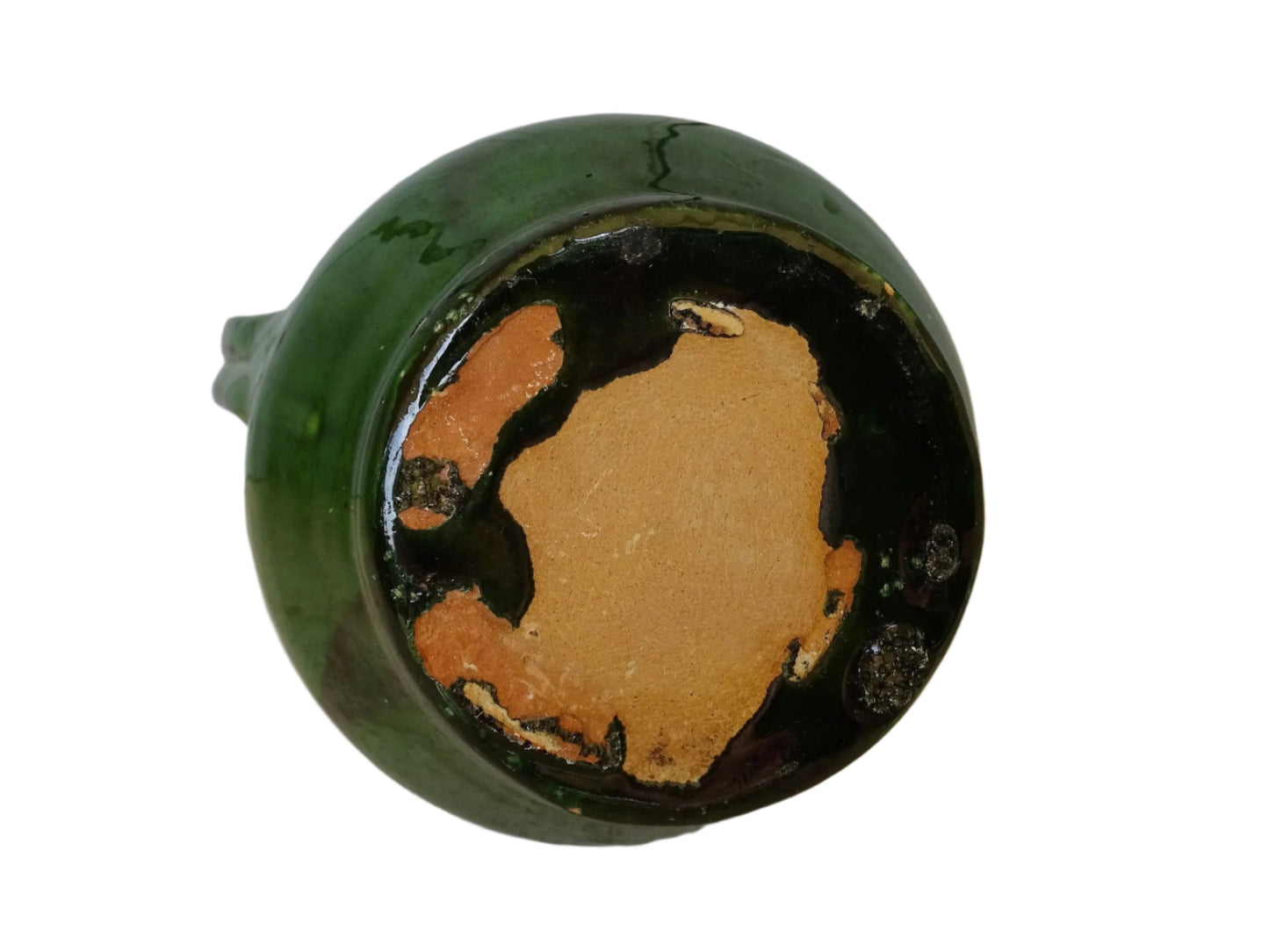 French vintage green orjol, a glazed terracotta ewer with two handles and spout with yellow glaze interior.