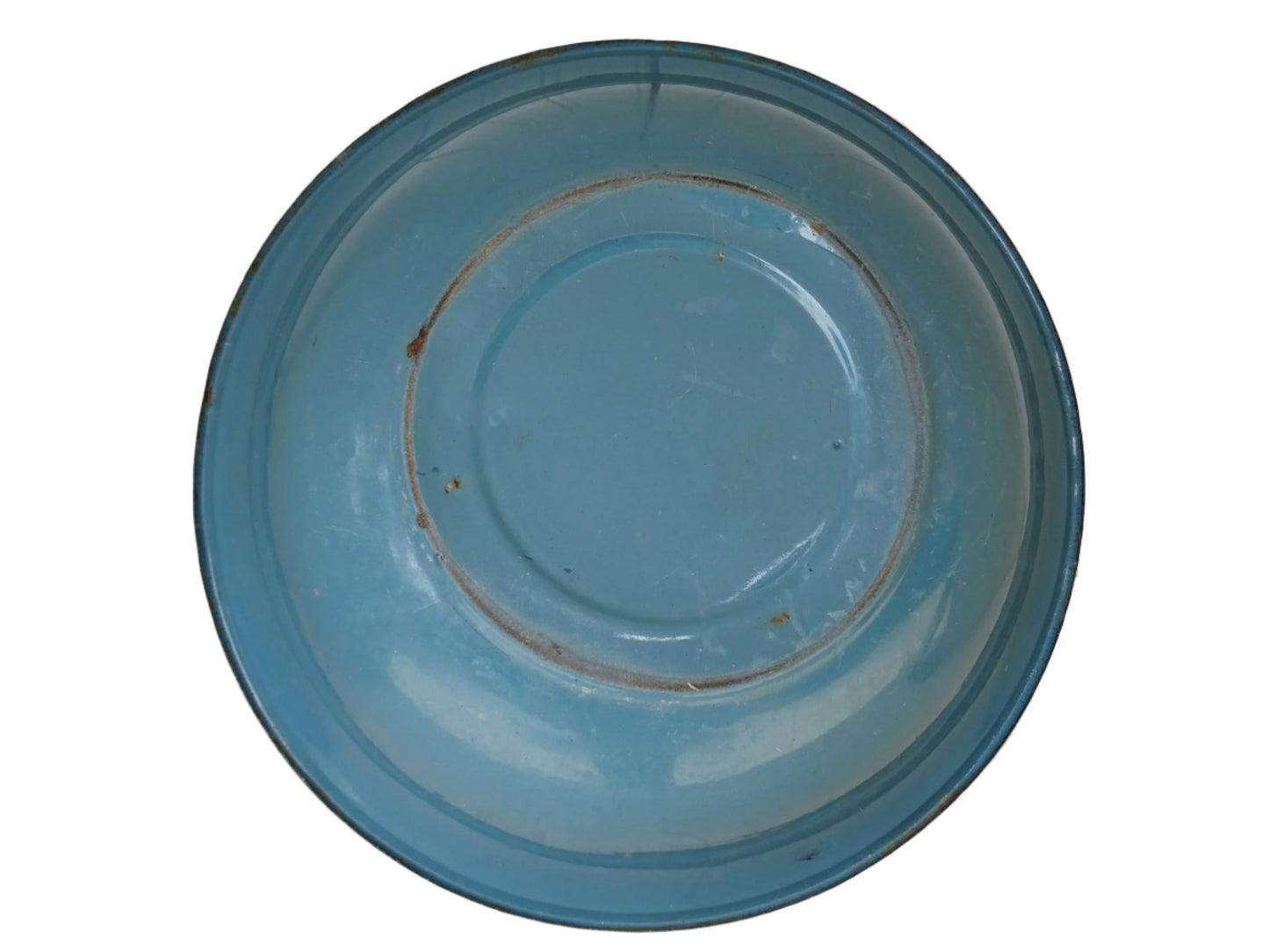 French vintage enamelled bowl with blue background, red flowers and a yellow trim.