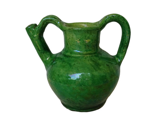 French antique green orjol or cruche in glazed terracotta. The green glaze of this pottery water jug has a pearlescent touch, with a yellow glaze to the interior.