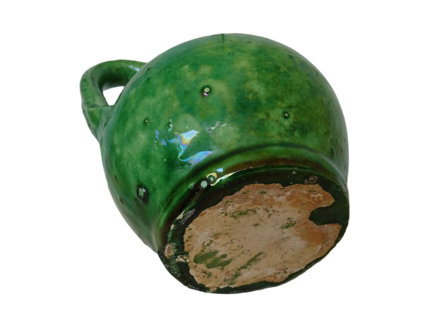 French antique green orjol or cruche in glazed terracotta. The green glaze of this pottery water jug has a pearlescent touch, with a yellow glaze to the interior.