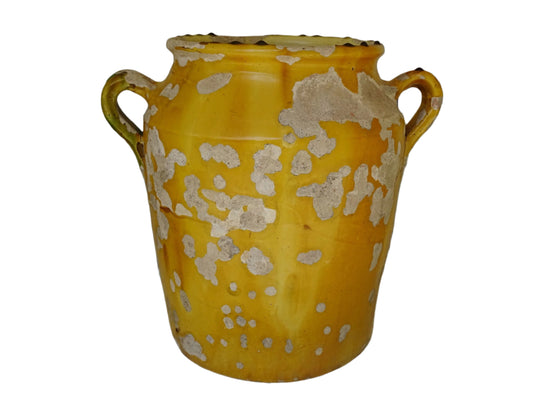Large French Antique Vinaigrier with Yellow and Green Confit Pot Glaze. Timeworn rustic terracotta pot with two handles. Earthenware jar for French farmhouse decor.