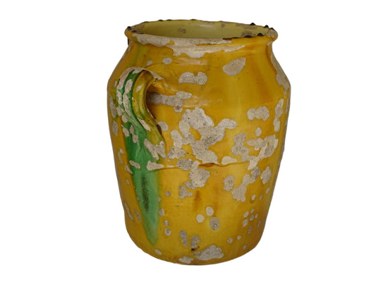 Large French Antique Vinaigrier with Yellow and Green Confit Pot Glaze. Timeworn rustic terracotta pot with two handles. Earthenware jar for French farmhouse decor.