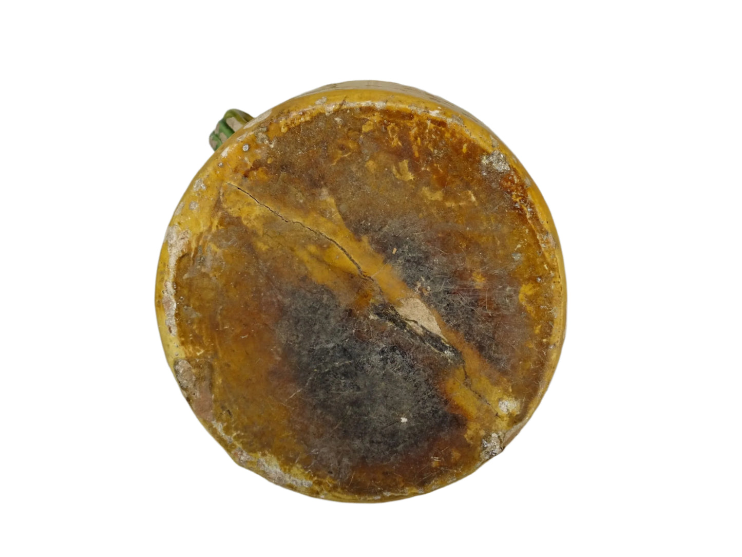 Large French Antique Vinaigrier with Yellow and Green Confit Pot Glaze. Timeworn rustic terracotta pot with two handles. Earthenware jar for French farmhouse decor.