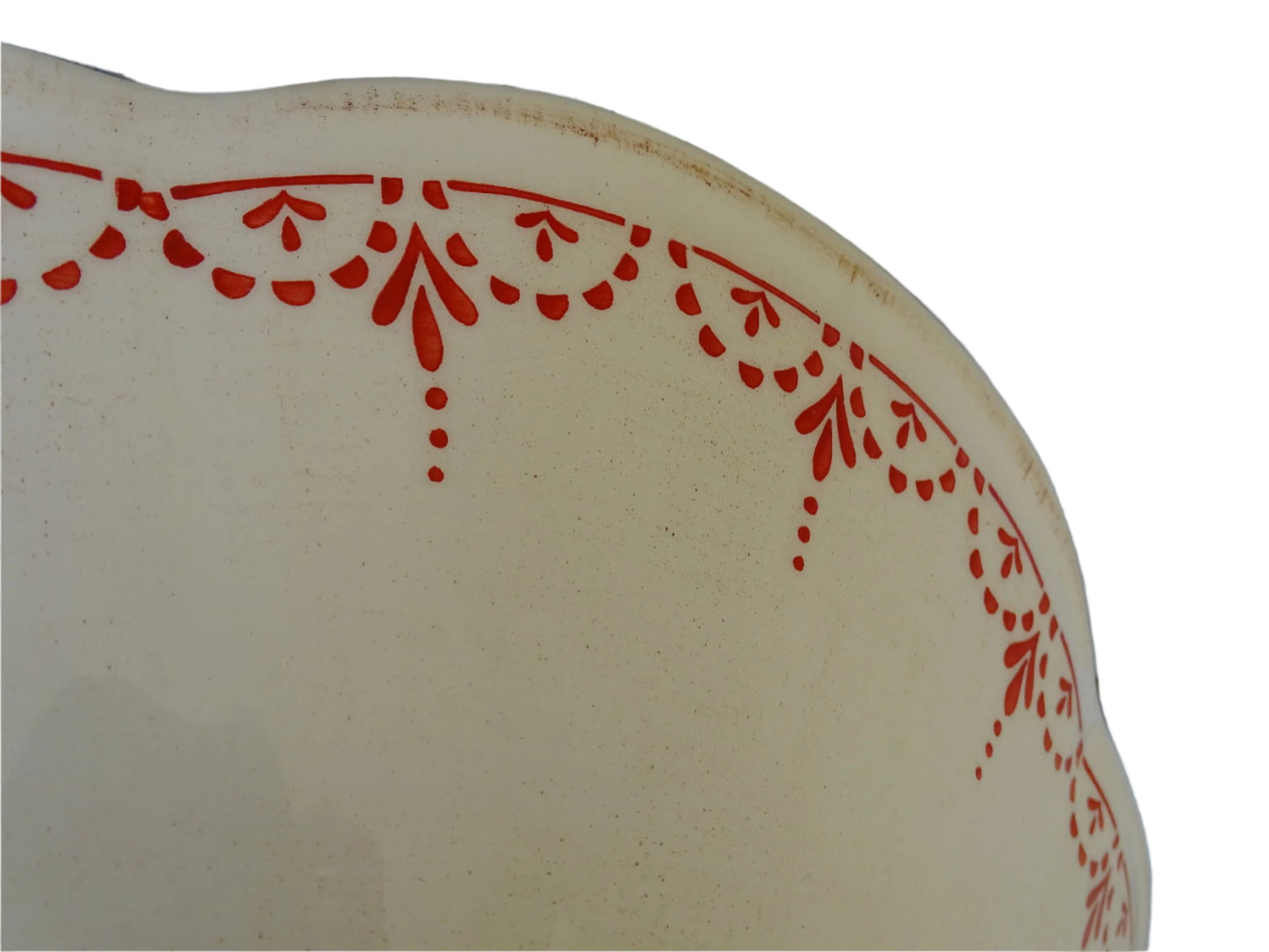 French vintage ceramic lampshade with scalloped edge with red chicken motifs and delicate red patterned detailing.