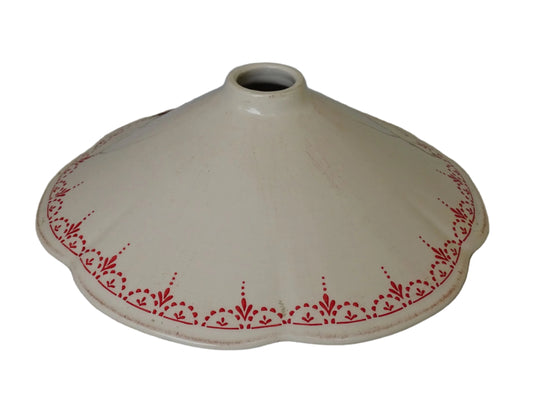 French vintage ceramic lampshade with scalloped edge with red chicken motifs and delicate red patterned detailing.