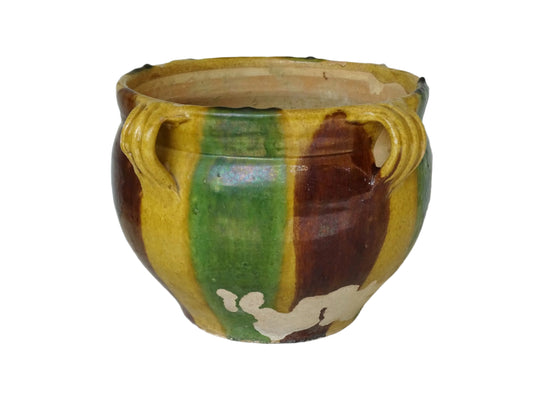 French antique terracotta planter from Castelnaudary. 19th century jardinière with a stripe drip glaze in yellow, green and brown. Antique earthenware pot with four loop handles.