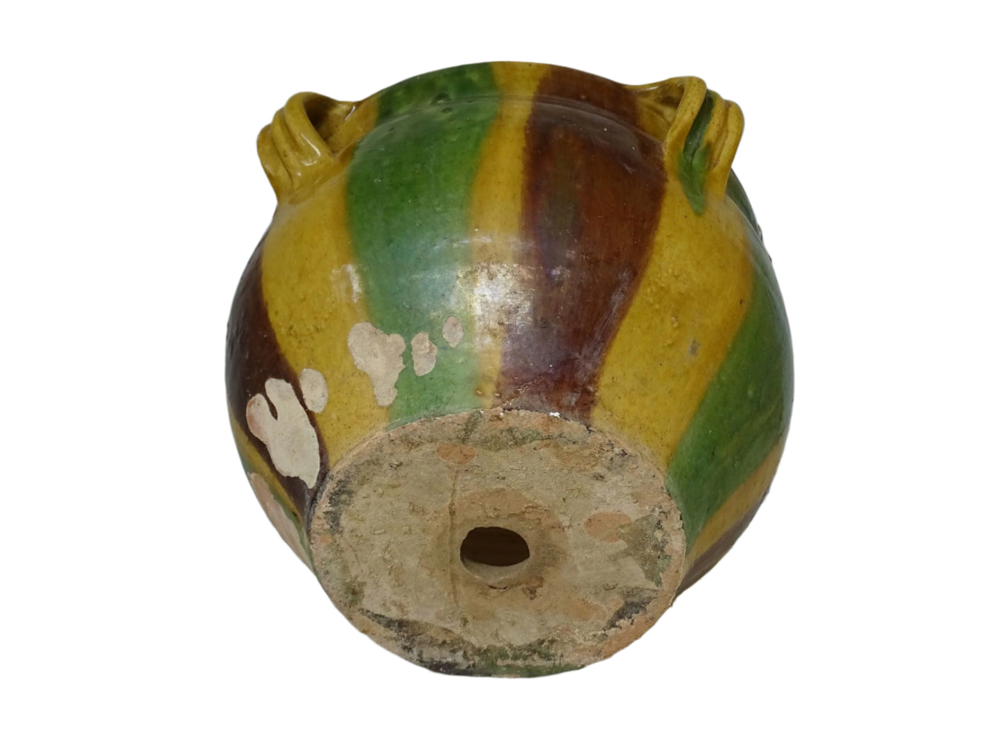 French antique terracotta planter from Castelnaudary. 19th century jardinière with a stripe drip glaze in yellow, green and brown. Antique earthenware pot with four loop handles.