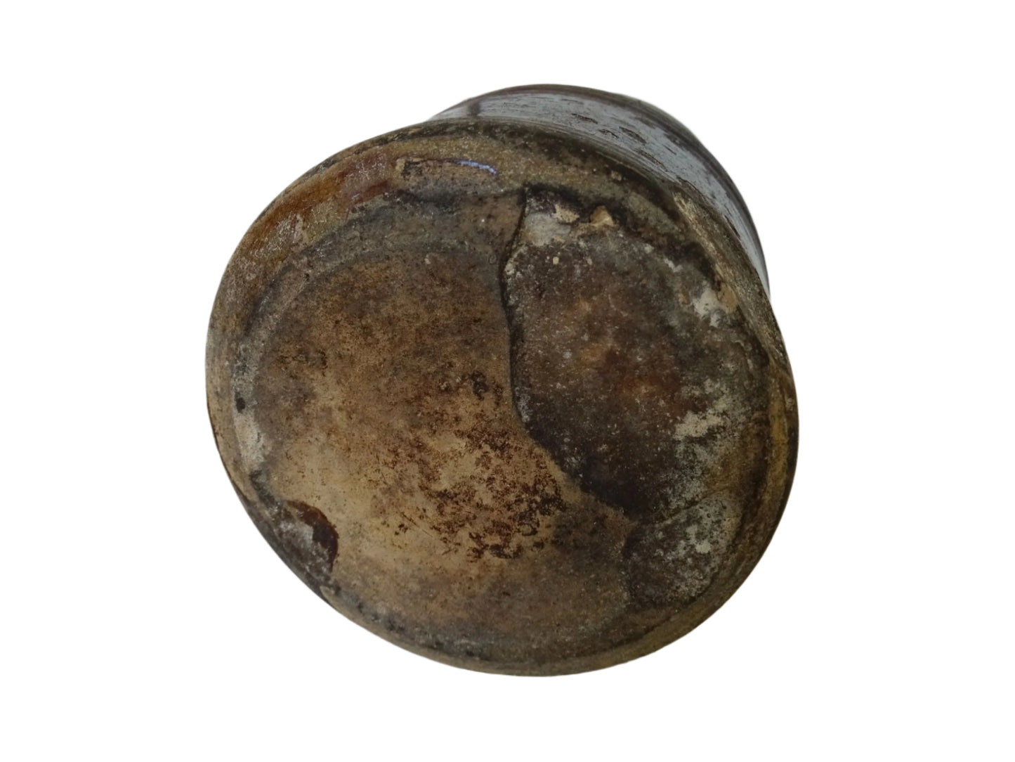 French antique pottery jug with a brown drip glaze on a yellow glazed background. This glazed ceramic pitcher has a handle to the side and would have been used for cooking.