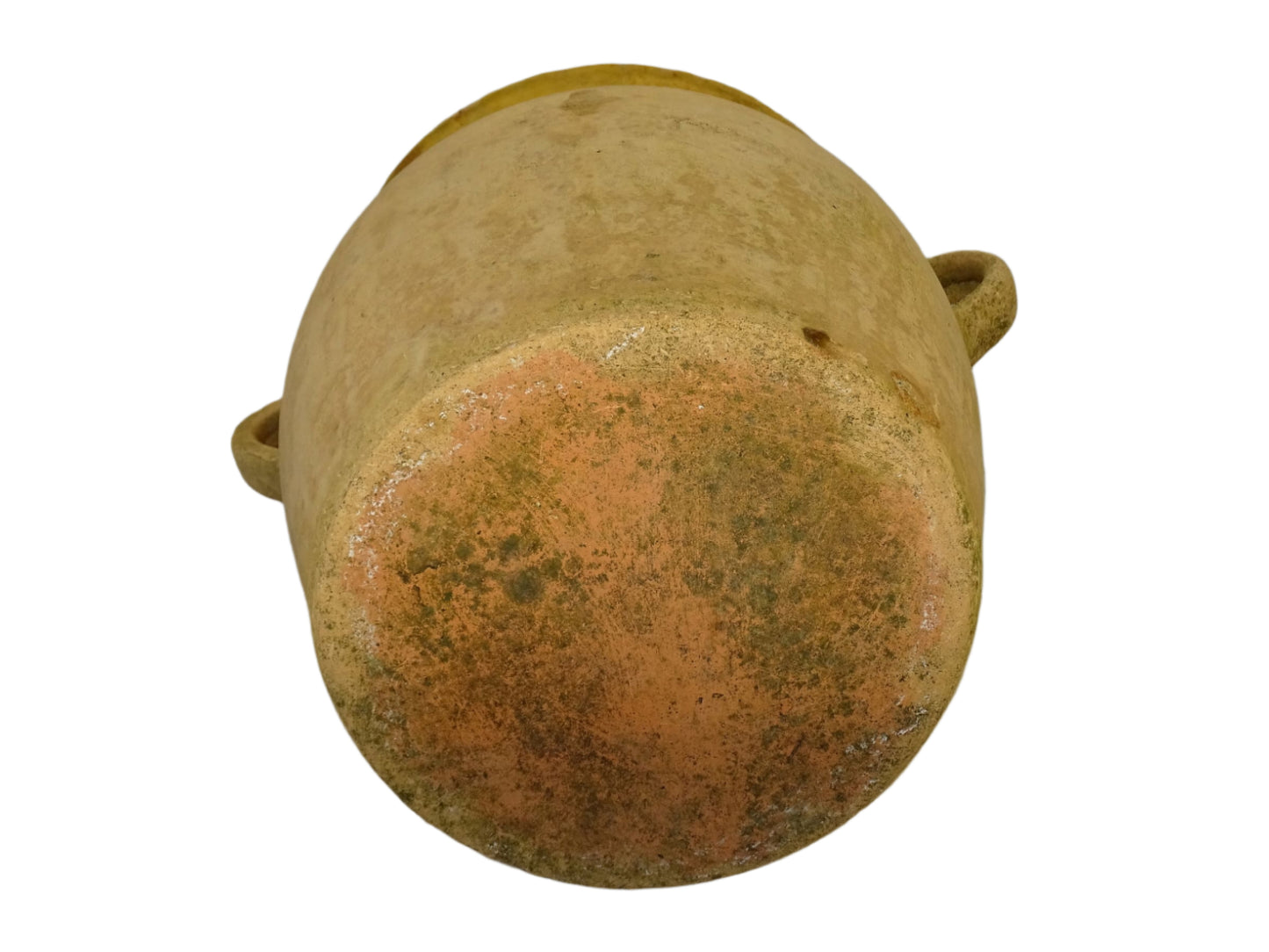 French antique confit pot with a yellow glazed interior and unglazed terracotta exterior.