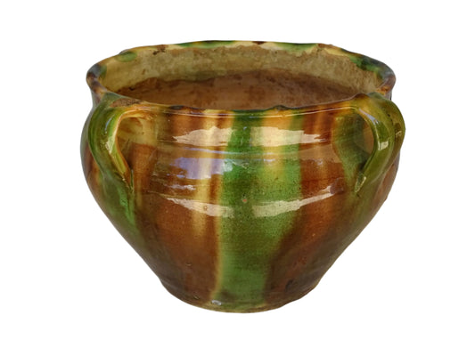French antique ceramic planter with green, brown and yellow glaze.