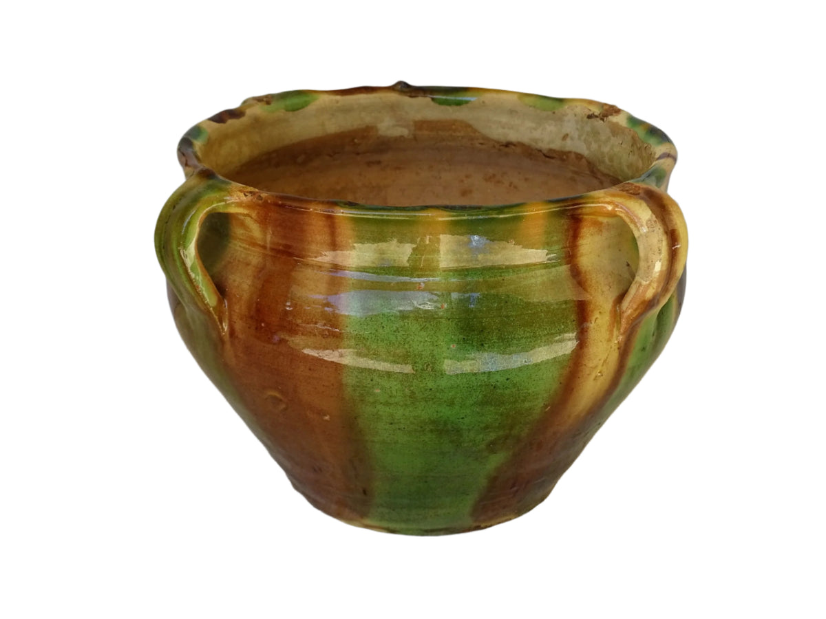 French antique ceramic planter with green, brown and yellow glaze.