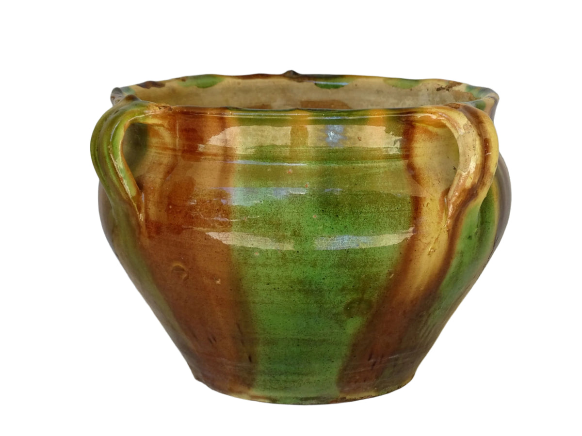 French antique ceramic planter with green, brown and yellow glaze.