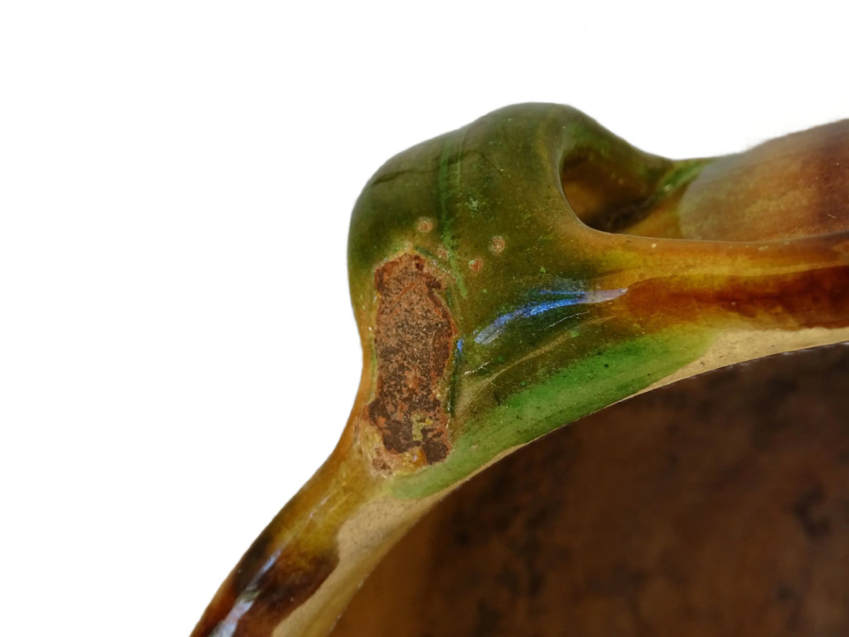 French antique ceramic planter with green, brown and yellow glaze.