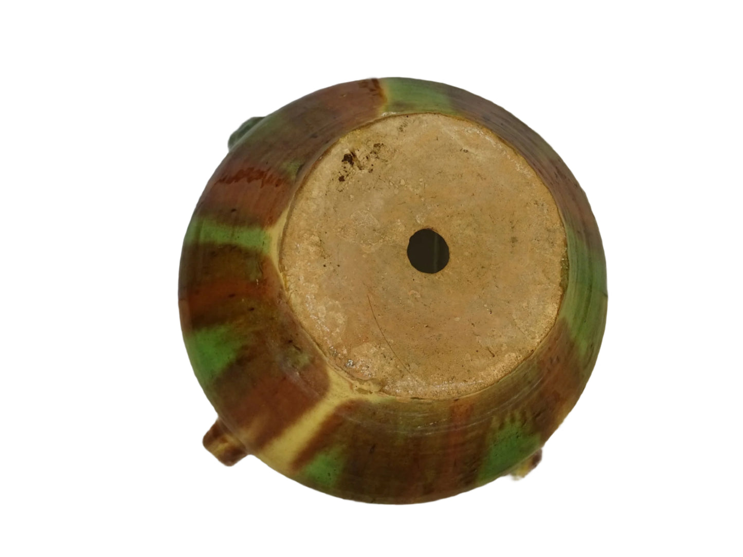 French antique ceramic planter with green, brown and yellow glaze.