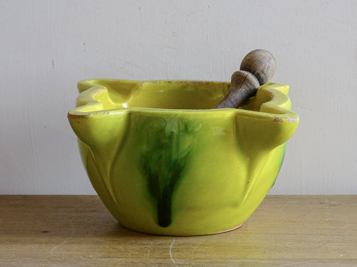 French vintage pestle and mortar with yellow glaze