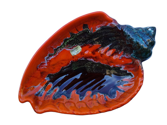 French vintage Vallauris ceramic conch bowl. Orange glazed pottery shell dish.