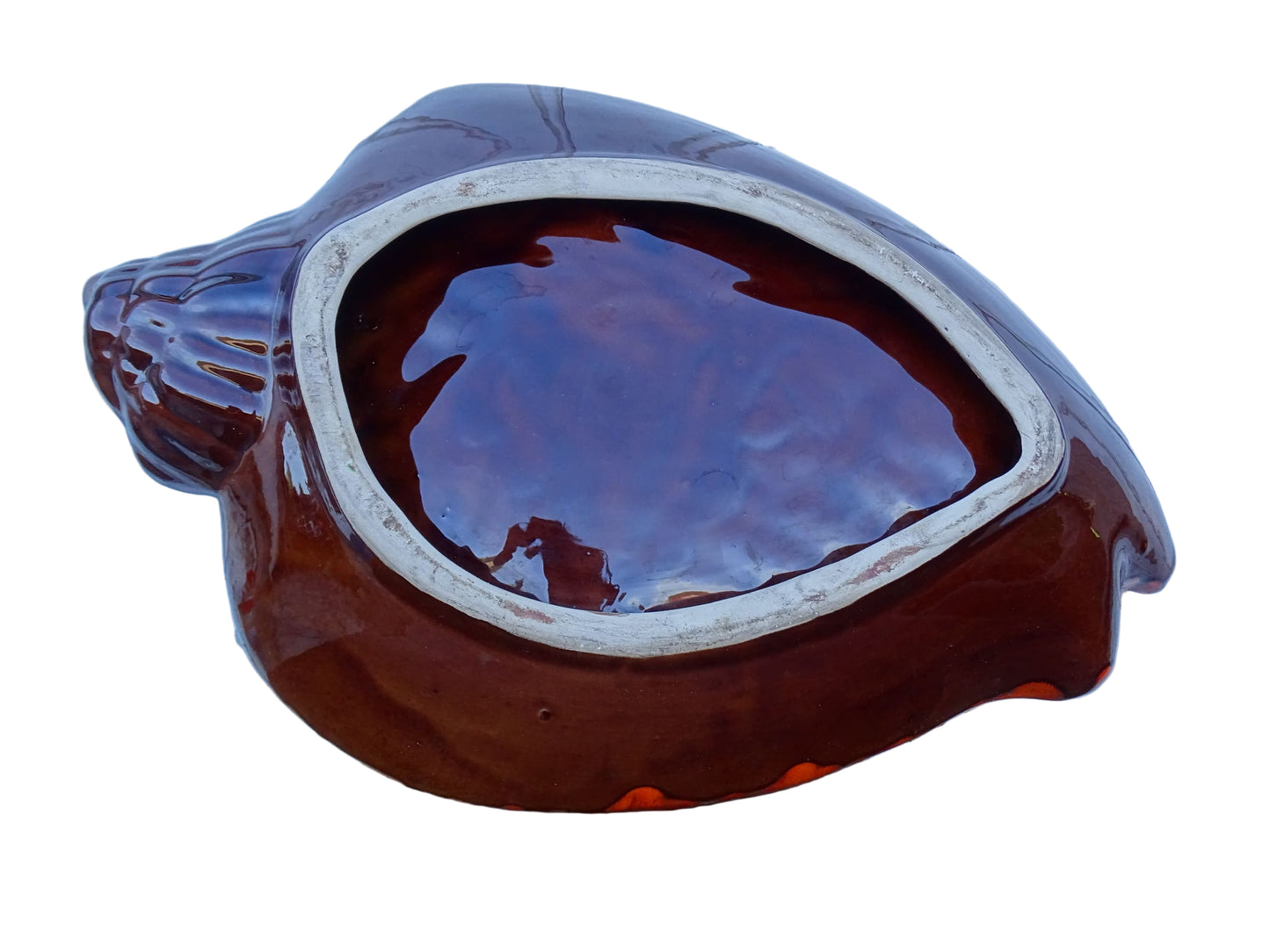 French vintage Vallauris ceramic conch bowl. Orange glazed pottery shell dish.