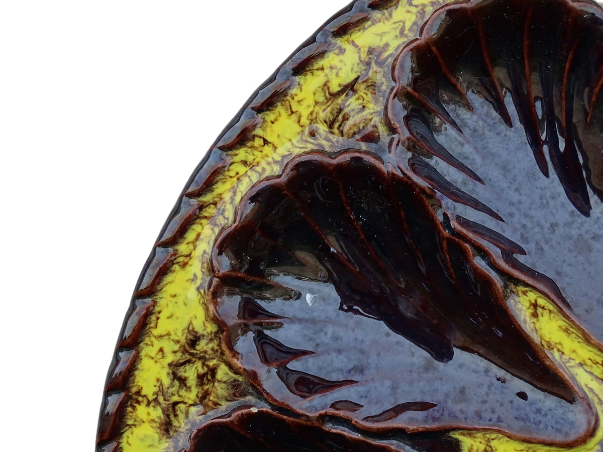 Large French vintage Vallauris ceramic oyster plate by Maruis Giuge. Serving platter with space for twelve oysters. It has a yellow and brown glaze.