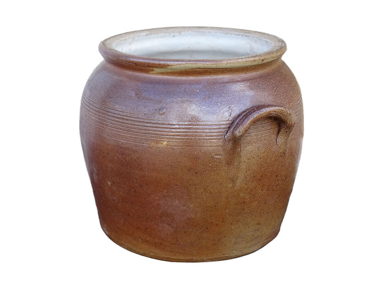 Rutsic French antique stoneware confit pot with a brown glaze. Salt glazed pottery cache pot.